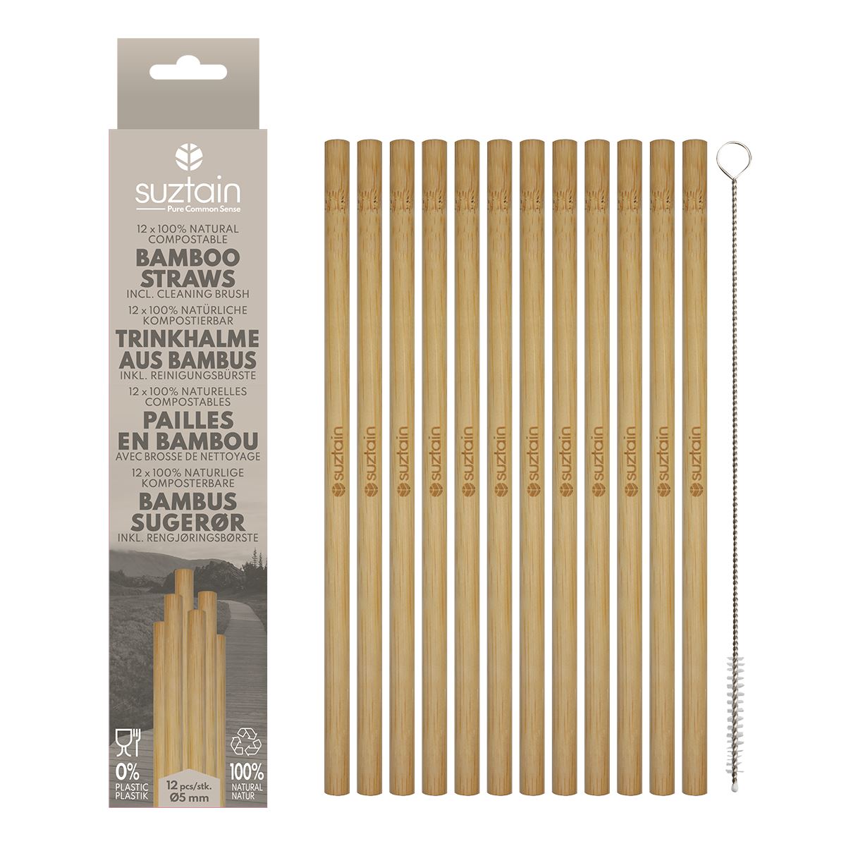 Suztain - Bambu sugrör - 5mm - set 12 + borste Suztain 